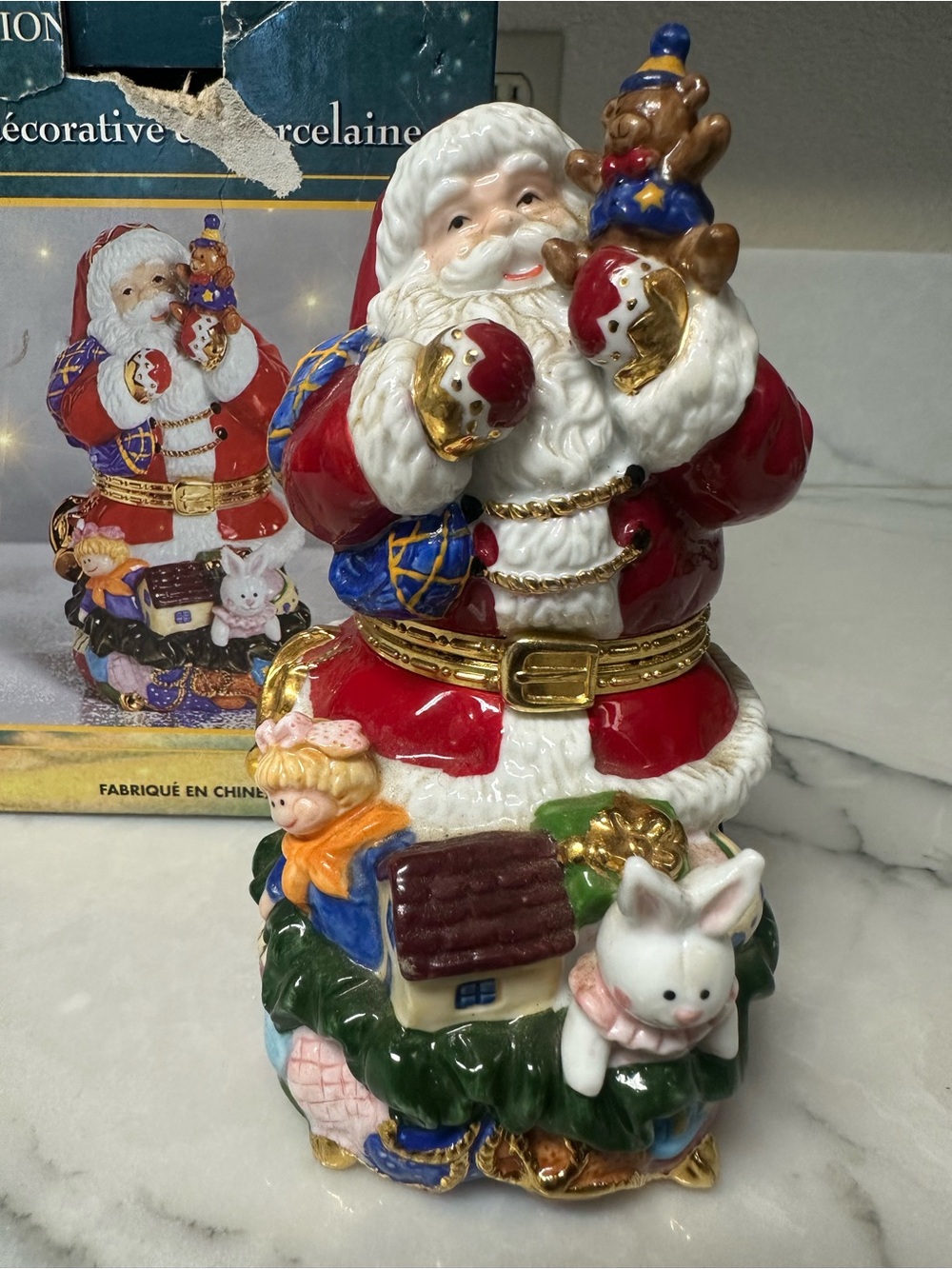 Vintage Traditions Santa with Toys Porcelain Christmas Trinket Keepsake Box